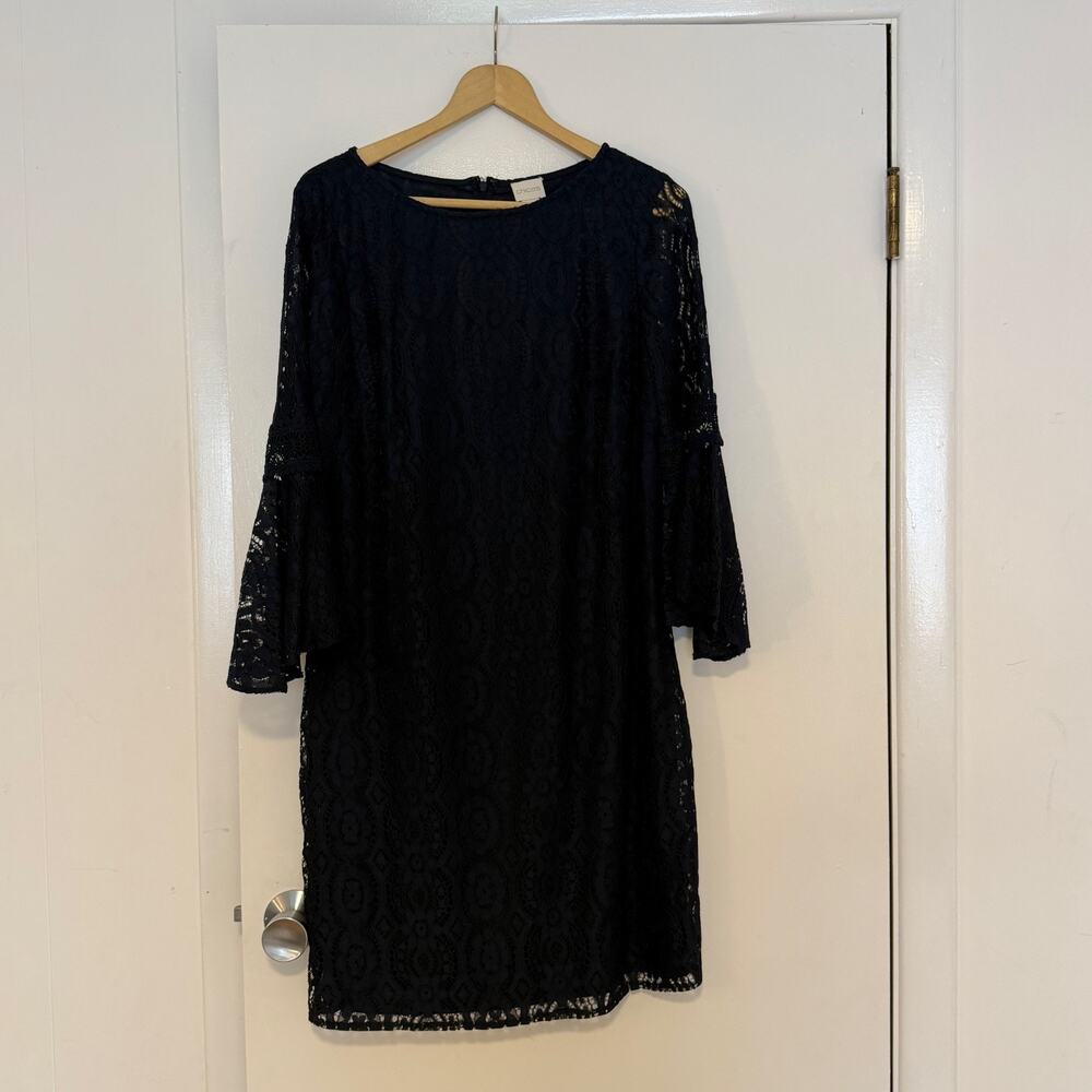 Chico's Navy Blue Lace Shift Dress Bell Sleeve Women's Size 1 Medium M